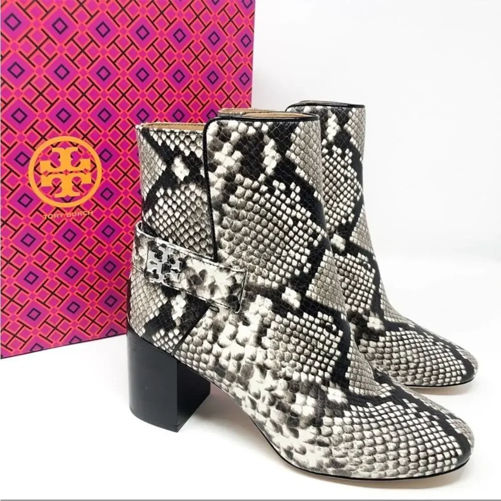 NEW Tory Burch Kira 70MM Bootie Stamped Snake Leather Grey Black in Warm Roccia
